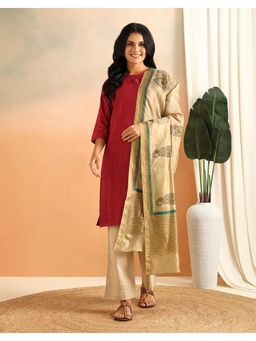 Fabindia - Beige Cotton Silk Blend Printed Floral Dupatta