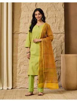Fabindia - Mustard Cotton Silk Hand Block Printed Dupatta