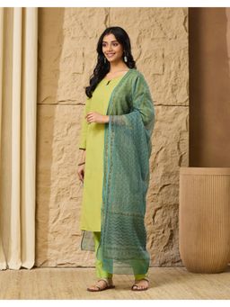 Fabindia - Turquoise Cotton Silk Hand Block Printed Dupatta