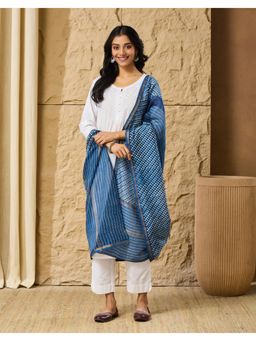 Fabindia - Blue Cotton Silk Blend Dabu Printed Dupatta