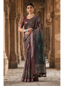 Anjaneya Sarees - Brown Designer Linen Printed Saree with Unstitched Blouse