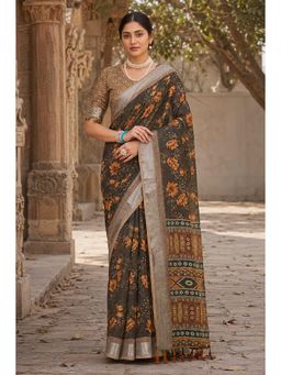 Anjaneya Sarees - Olive Designer Linen Printed Saree with Unstitched Blouse