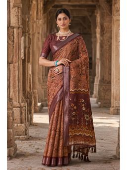 Anjaneya Sarees - Brown Designer Linen Printed Saree with Unstitched Blouse