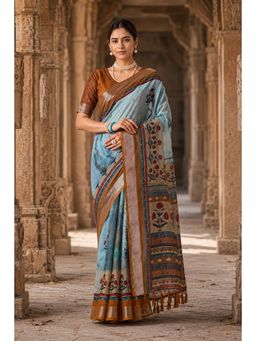 Anjaneya Sarees - Blue Designer Linen Printed Saree with Unstitched Blouse