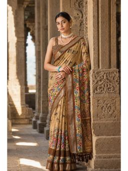 Anjaneya Sarees - Beige Designer Linen Printed Saree with Unstitched Blouse