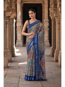 Anjaneya Sarees - Blue Designer Linen Printed Saree with Unstitched Blouse