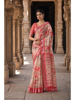Anjaneya Sarees - Beige Designer Linen Printed Saree with Unstitched Blouse