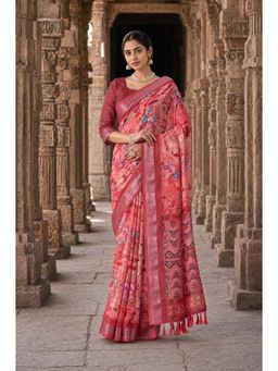 Anjaneya Sarees - Pink Designer Linen Printed Saree with Unstitched Blouse