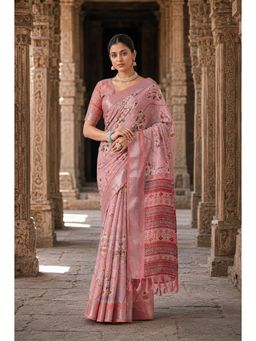 Anjaneya Sarees - Pink Designer Linen Printed Saree with Unstitched Blouse