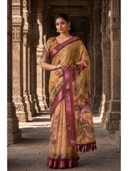 Anjaneya Sarees - Mustard Designer Linen Printed Saree with Unstitched Blouse