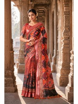 Anjaneya Sarees - Red Designer Linen Printed Saree with Unstitched Blouse