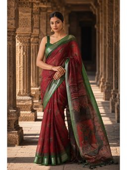 Anjaneya Sarees - Red Designer Linen Printed Saree with Unstitched Blouse