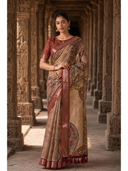 Anjaneya Sarees - Beige Designer Linen Printed Saree with Unstitched Blouse