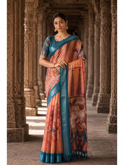 Anjaneya Sarees - Orange Designer Linen Printed Saree with Unstitched Blouse
