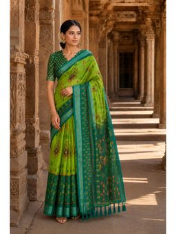 Anjaneya Sarees - Green Designer Linen Printed Saree with Unstitched Blouse