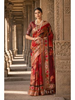 Anjaneya Sarees - Red Designer Linen Printed Saree with Unstitched Blouse