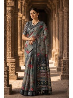 Anjaneya Sarees - Grey Designer Linen Printed Saree with Unstitched Blouse