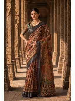 Anjaneya Sarees - Rust Designer Linen Printed Saree with Unstitched Blouse