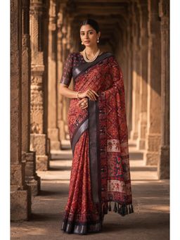 Anjaneya Sarees - Red Designer Linen Printed Saree with Unstitched Blouse