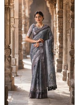 Anjaneya Sarees - Grey Designer Linen Printed Saree with Unstitched Blouse