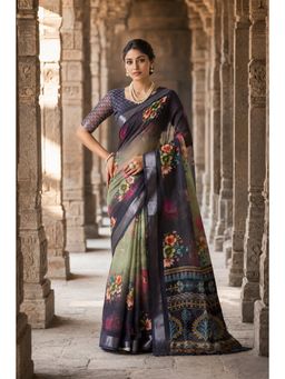 Anjaneya Sarees - Black Designer Linen Printed Saree with Unstitched Blouse