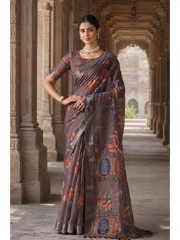Anjaneya Sarees - Brown Designer Linen Printed Saree with Unstitched Blouse