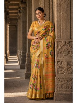 Anjaneya Sarees - Yellow Designer Linen Printed Saree with Unstitched Blouse