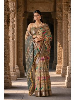 Anjaneya Sarees - Beige Designer Linen Printed Saree with Unstitched Blouse