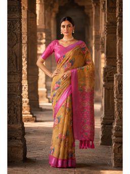 Anjaneya Sarees - Mustard Designer Linen Printed Saree with Unstitched Blouse