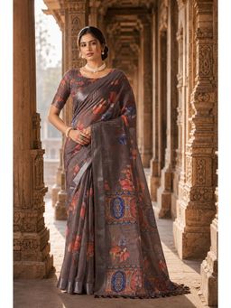 Anjaneya Sarees - Brown Designer Linen Printed Saree with Unstitched Blouse