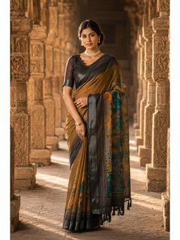 Anjaneya Sarees - Mustard Designer Linen Printed Saree with Unstitched Blouse