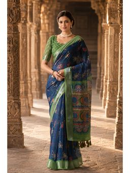 Anjaneya Sarees - Blue Designer Linen Printed Saree with Unstitched Blouse