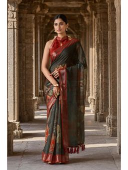 Anjaneya Sarees - Olive Designer Linen Printed Saree with Unstitched Blouse
