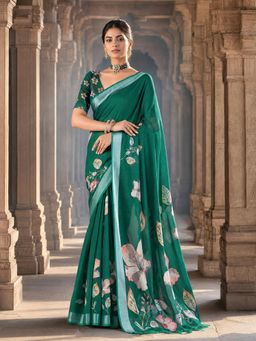 Anjaneya Sarees - Green Designer Linen Printed Saree with Unstitched Blouse