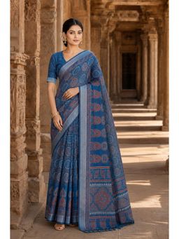 Anjaneya Sarees - Blue Designer Linen Printed Saree with Unstitched Blouse