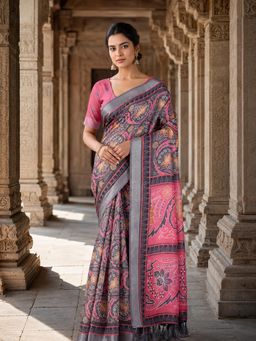 Anjaneya Sarees - Grey Designer Linen Printed Saree with Unstitched Blouse