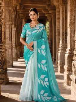 Anjaneya Sarees - Teal Designer Linen Printed Saree with Unstitched Blouse