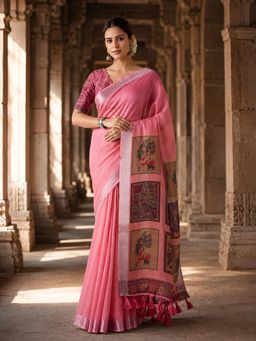 Anjaneya Sarees - Pink Designer Linen Printed Saree with Unstitched Blouse