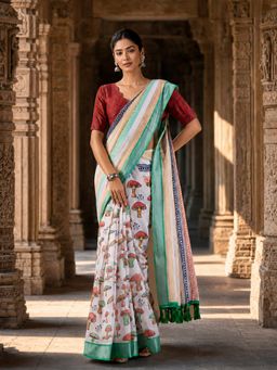 Anjaneya Sarees - White Designer Linen Printed Saree with Unstitched Blouse