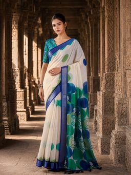 Anjaneya Sarees - White Designer Linen Printed Saree with Unstitched Blouse