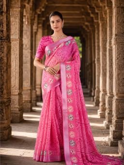 Anjaneya Sarees - Pink Designer Linen Printed Saree with Unstitched Blouse