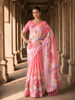 Anjaneya Sarees - Pink Designer Linen Printed Saree with Unstitched Blouse