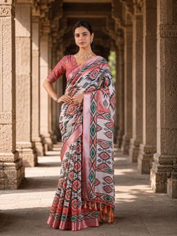 Anjaneya Sarees - White Designer Linen Printed Saree with Unstitched Blouse
