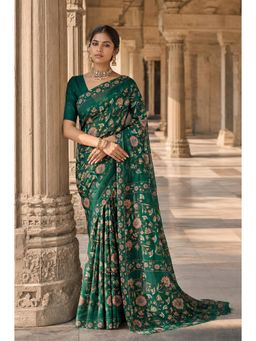 Anjaneya Sarees - Green Designer Silk Printed Saree with Unstitched Blouse