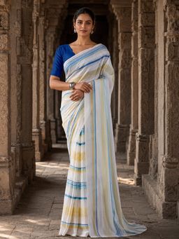 Anjaneya Sarees - White Designer Silk Printed Saree with Unstitched Blouse