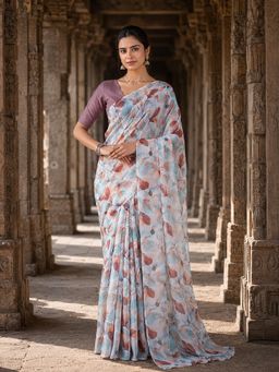 Anjaneya Sarees - White Designer Silk Printed Saree with Unstitched Blouse