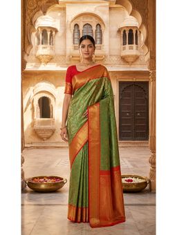 AMRUTKALA SAREES - Green Banarasi Silk Kanjivaram Woven Saree with Unstitched Blouse