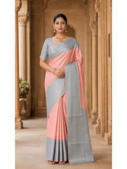 AMRUTKALA SAREES - Peach Banarasi Silk Kanjivaram Woven Saree with Unstitched Blouse