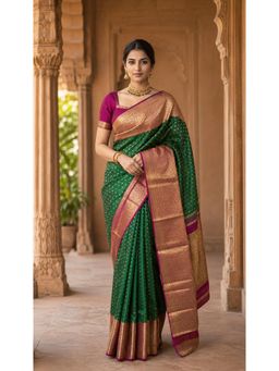 AMRUTKALA SAREES - Green Banarasi Silk Kanjivaram Woven Saree with Unstitched Blouse