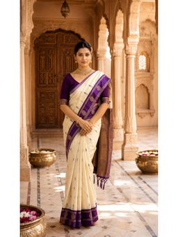 AMRUTKALA SAREES - Off White Banarasi Silk Kanjivaram Woven Saree with Unstitched Blouse